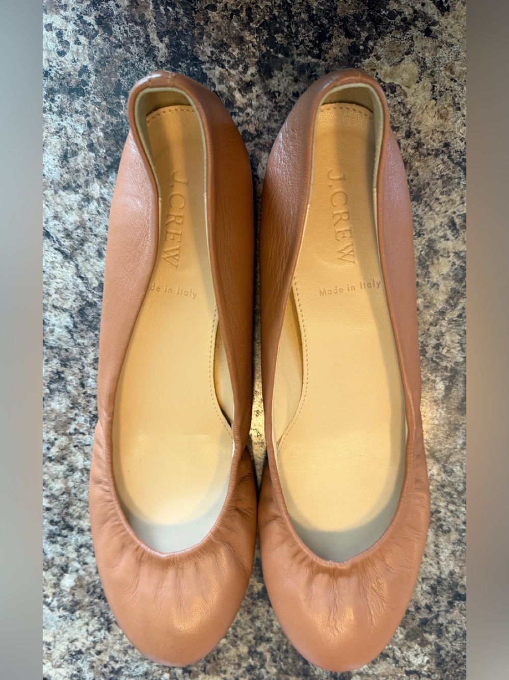 J. Crew Tan (burnt, sienna), leather ballet flats size 8, made in Italy.